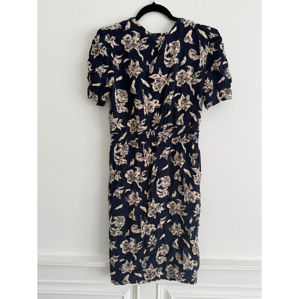 AMAZING Vintage Floral Button Down Shirt Dress Navy & Cream - VGUC